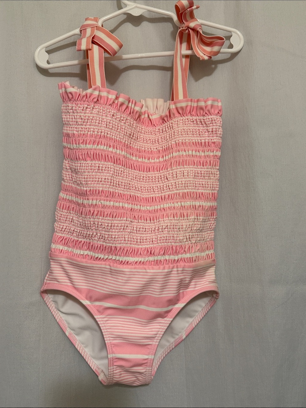 Minnow Smocked Pink Stripe Girls' One-Piece Swimsuit size 5/6T with Bow Straps